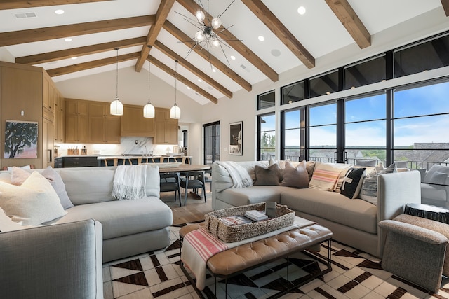 living room with beam ceiling, high vaulted ceiling, and a wealth of natural light