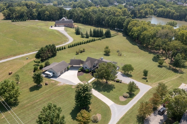 bird's eye view featuring a rural view and a water view