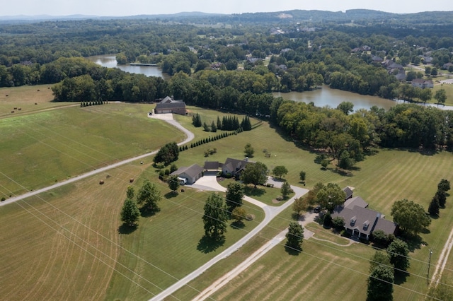 aerial view featuring a water view and a rural view