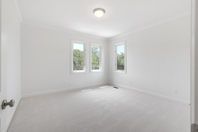 unfurnished room with ornamental molding and light carpet