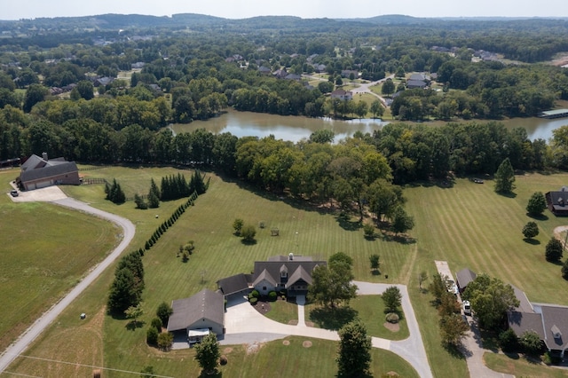 drone / aerial view featuring a water view and a rural view