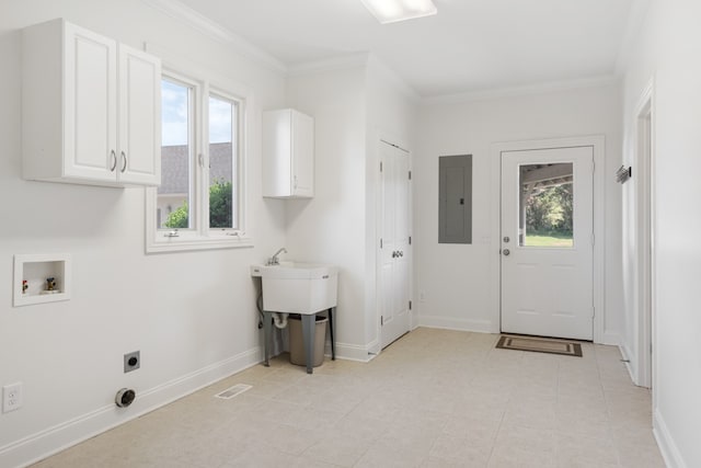 laundry area with washer hookup, electric panel, cabinets, electric dryer hookup, and ornamental molding