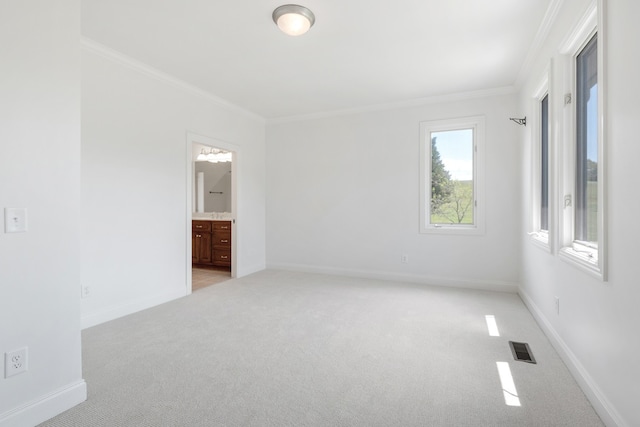 empty room with light carpet and ornamental molding