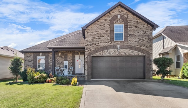 view of property with a garage and a front lawn