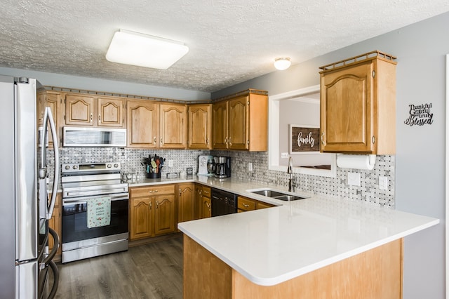 kitchen with sink, kitchen peninsula, tasteful backsplash, appliances with stainless steel finishes, and dark hardwood / wood-style floors