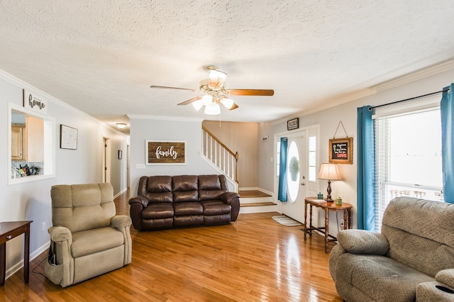 living room featuring ceiling fan, a textured ceiling, light wood-type flooring, and crown molding