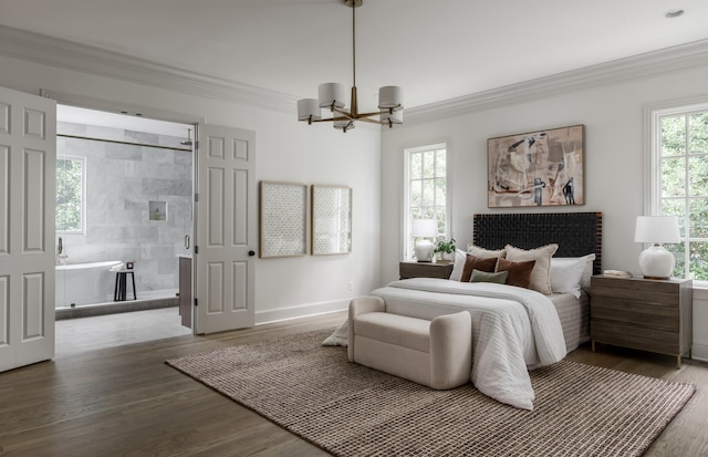 bedroom featuring crown molding, hardwood / wood-style flooring, and a notable chandelier