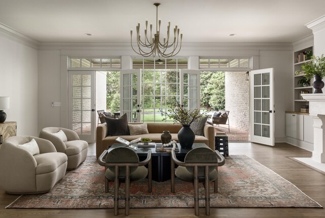 living room with dark wood-type flooring, plenty of natural light, and french doors