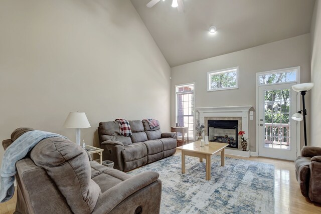 living room featuring a fireplace, light hardwood / wood-style floors, high vaulted ceiling, and a wealth of natural light