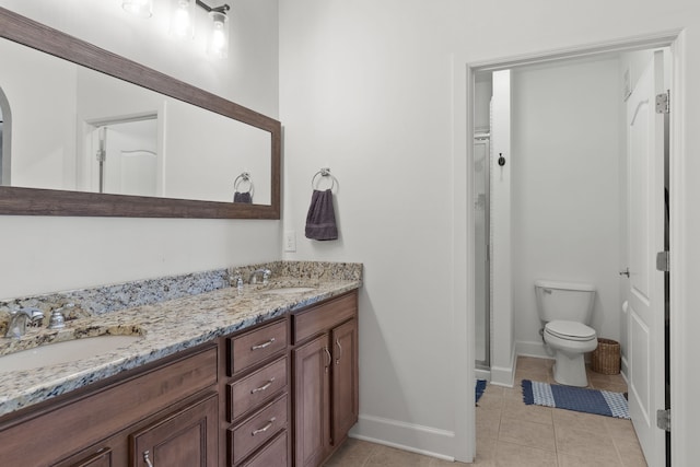 bathroom featuring tile patterned floors, a shower with shower door, vanity, and toilet