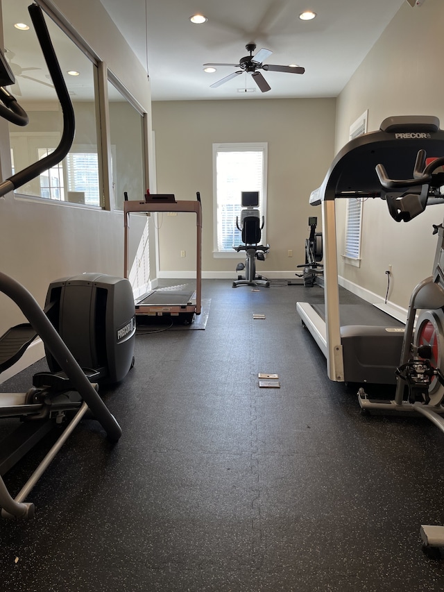 workout room with ceiling fan