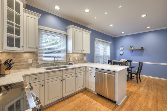 kitchen featuring a wealth of natural light, appliances with stainless steel finishes, sink, and light wood-type flooring