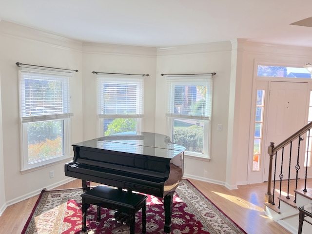 misc room with light wood-type flooring and crown molding