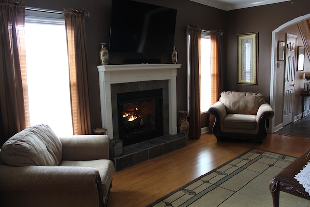 living room featuring hardwood / wood-style flooring, ornamental molding, and a tile fireplace