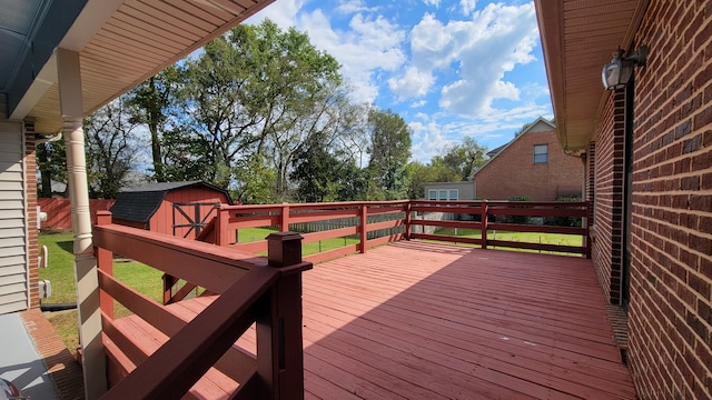 deck featuring a storage shed