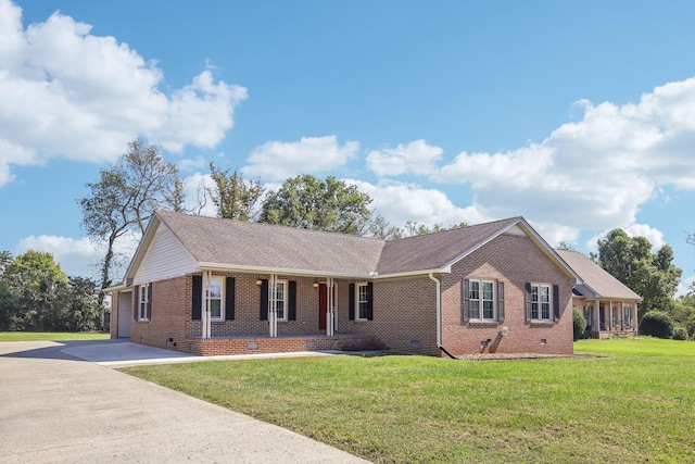 ranch-style house with crawl space, driveway, a front lawn, brick siding, and covered porch