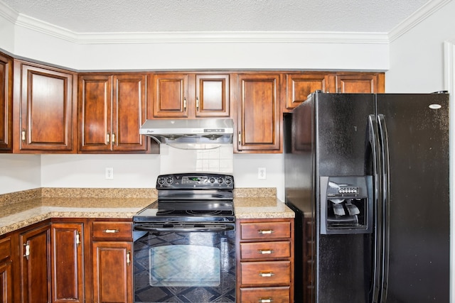 kitchen featuring black appliances, crown molding, and a textured ceiling