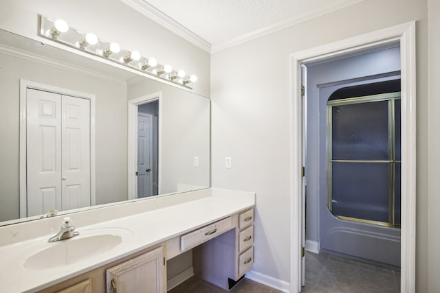 bathroom featuring vanity, tile patterned floors, bath / shower combo with glass door, ornamental molding, and a textured ceiling