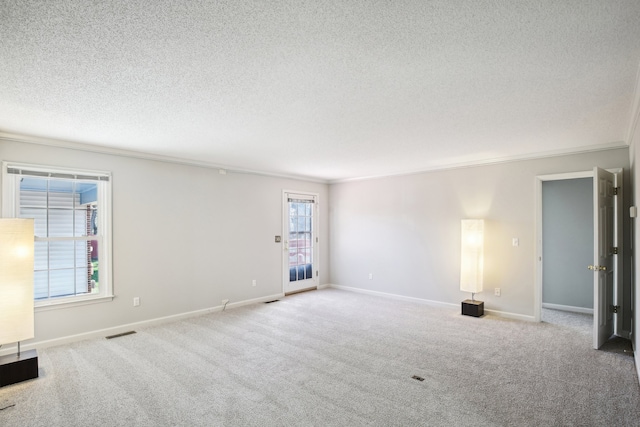 spare room featuring light carpet, a textured ceiling, and crown molding