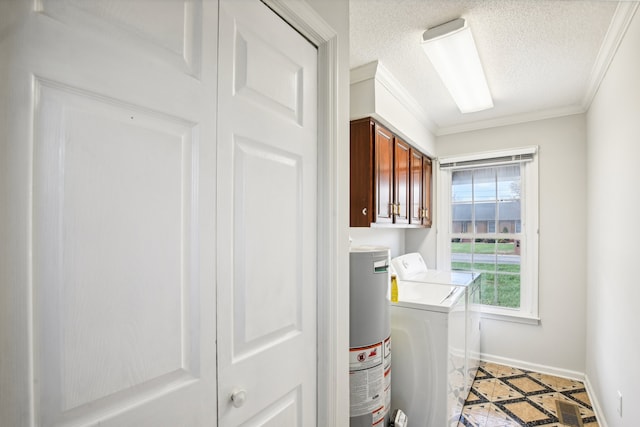 washroom with cabinets, gas water heater, independent washer and dryer, a textured ceiling, and ornamental molding