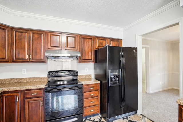 kitchen featuring black appliances, light colored carpet, ornamental molding, and a textured ceiling