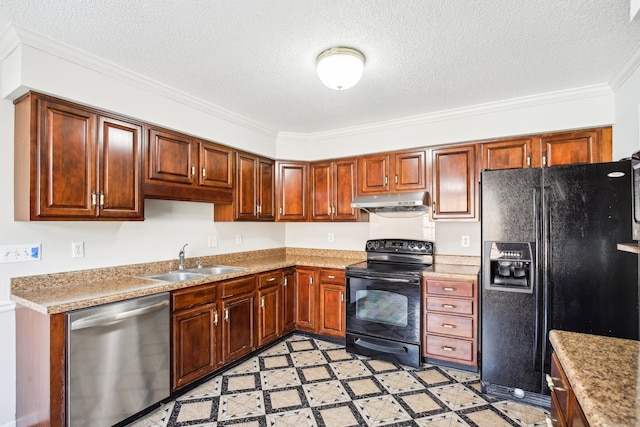 kitchen with a textured ceiling, sink, ornamental molding, and black appliances