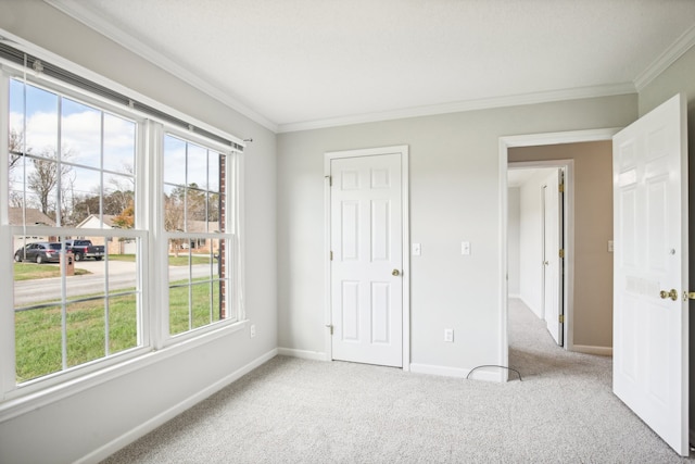 unfurnished bedroom with crown molding and light carpet