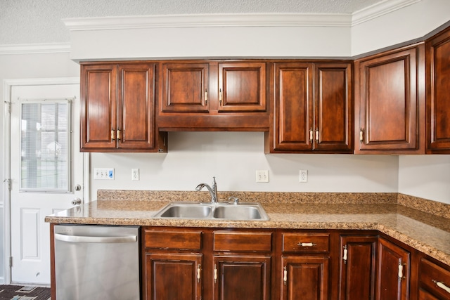 kitchen featuring light stone countertops, a textured ceiling, crown molding, sink, and dishwasher