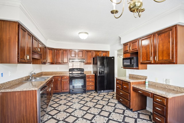 kitchen featuring black appliances, sink, ornamental molding, a textured ceiling, and light stone counters