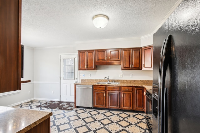 kitchen featuring a textured ceiling, sink, ornamental molding, and black appliances