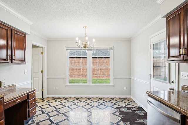 dining space featuring a textured ceiling, a notable chandelier, and ornamental molding