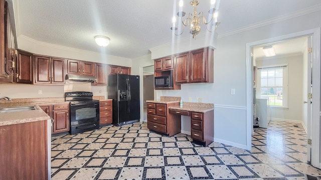 kitchen featuring black appliances, sink, ornamental molding, a textured ceiling, and a chandelier