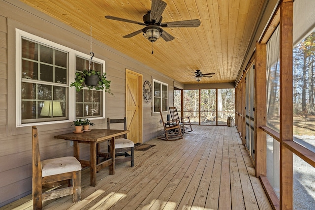 sunroom featuring wood ceiling, ceiling fan, and plenty of natural light