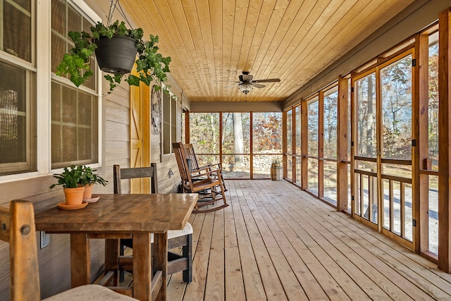 sunroom / solarium featuring wood ceiling and ceiling fan