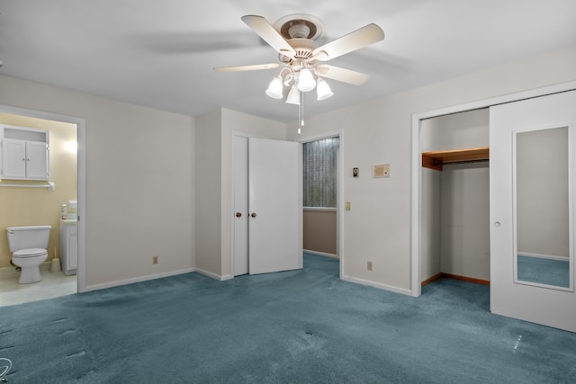 unfurnished bedroom featuring connected bathroom, ceiling fan, and carpet floors