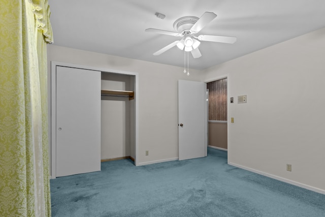 unfurnished bedroom featuring ceiling fan, light colored carpet, and a closet