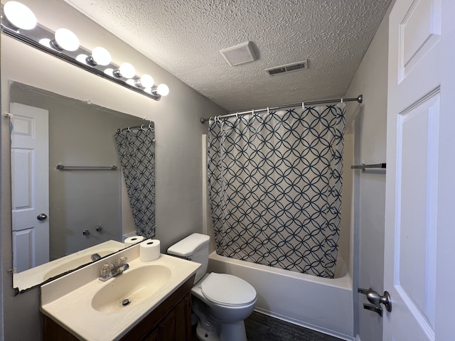 full bathroom featuring vanity, toilet, a textured ceiling, and shower / tub combo with curtain