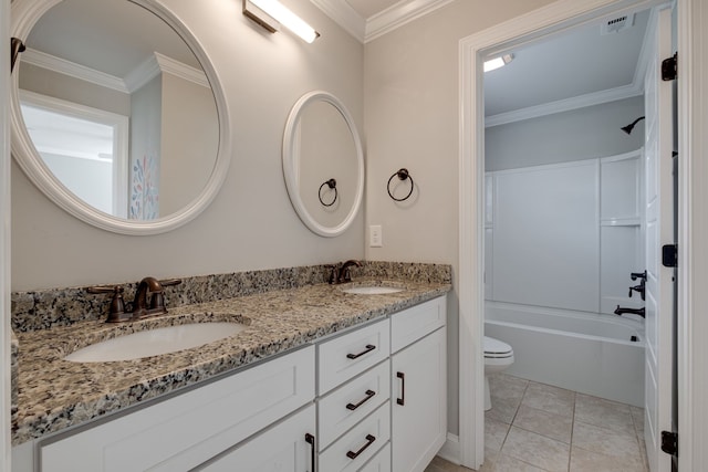 full bathroom with vanity, crown molding, tile patterned flooring, shower / bathing tub combination, and toilet