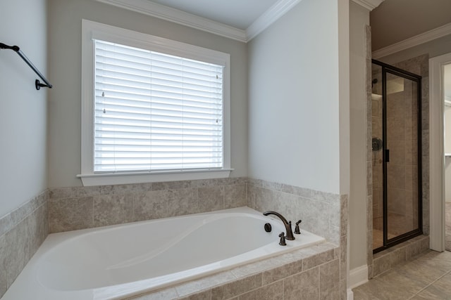 bathroom with plus walk in shower, tile patterned floors, and crown molding