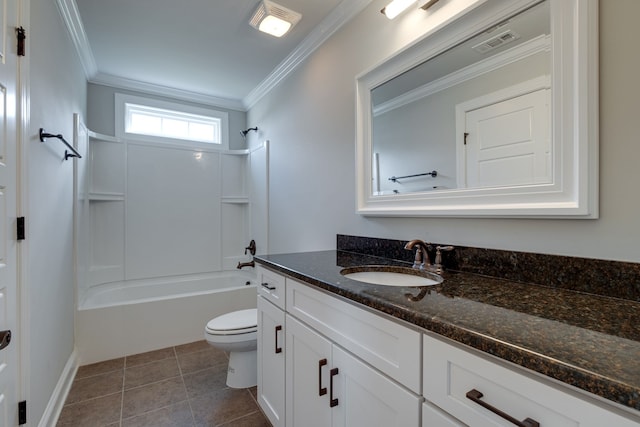 full bathroom with shower / washtub combination, vanity, tile patterned flooring, ornamental molding, and toilet