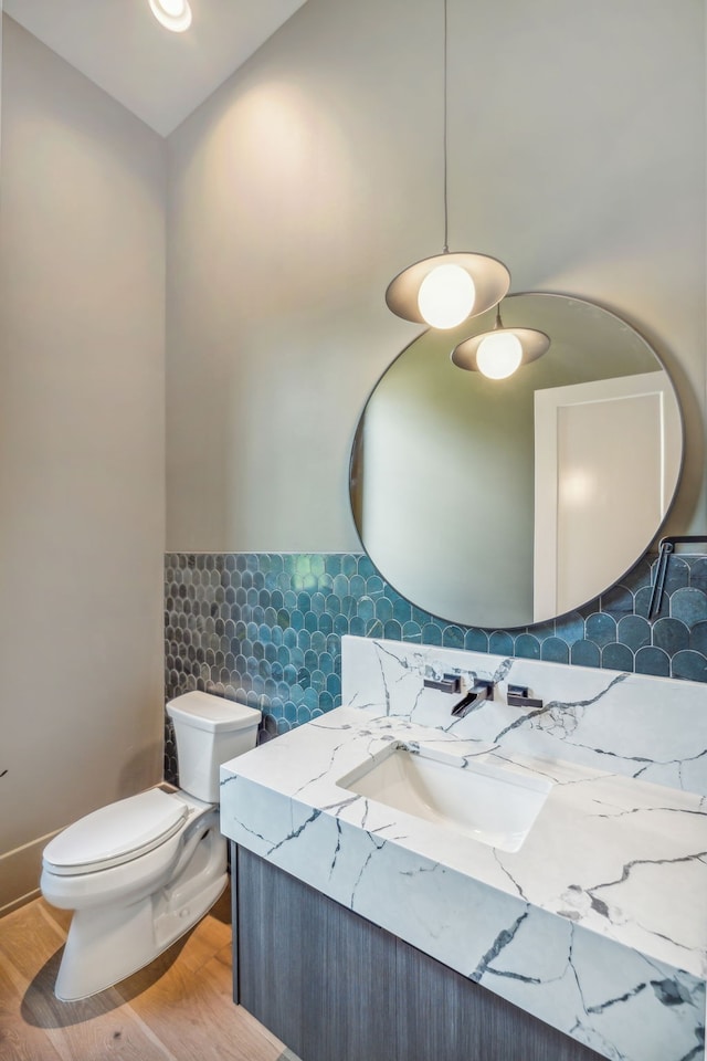 bathroom featuring vanity, hardwood / wood-style flooring, and toilet