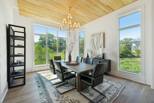 sunroom / solarium featuring a chandelier and wooden ceiling