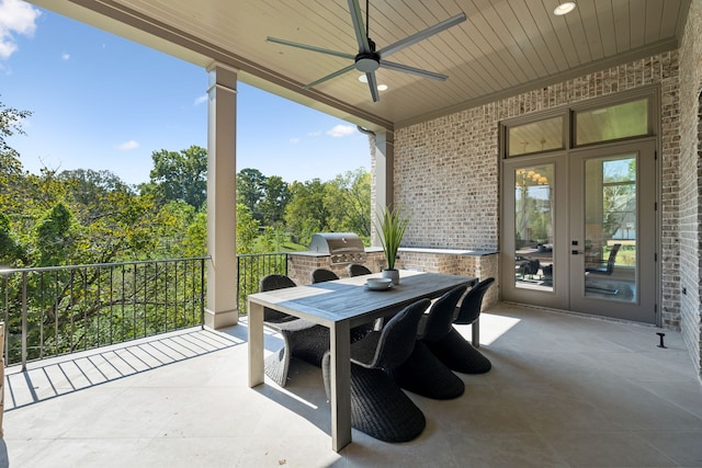 view of patio with french doors, grilling area, and ceiling fan