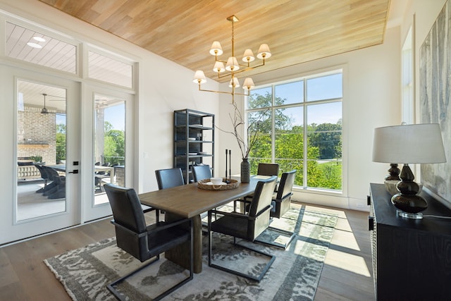 dining space featuring a chandelier, hardwood / wood-style flooring, and wooden ceiling