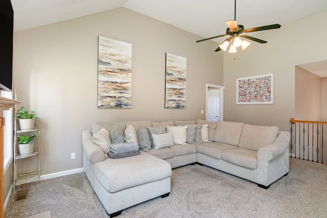 living room with lofted ceiling, carpet, and ceiling fan