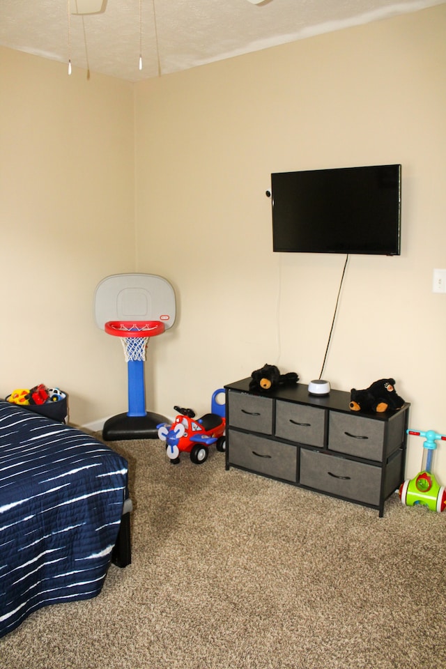 carpeted bedroom with a textured ceiling