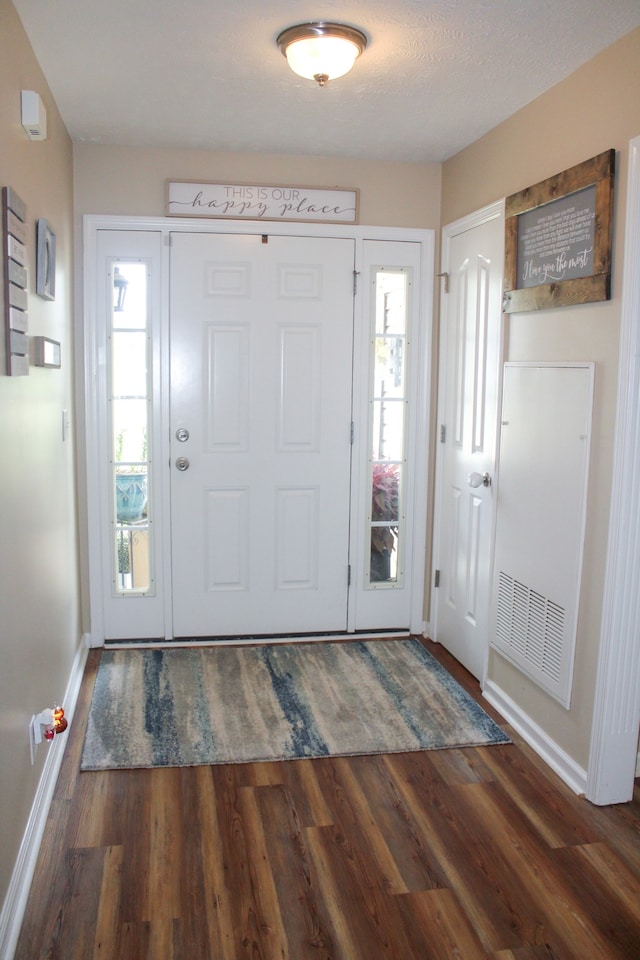 foyer with a textured ceiling, plenty of natural light, and dark hardwood / wood-style flooring