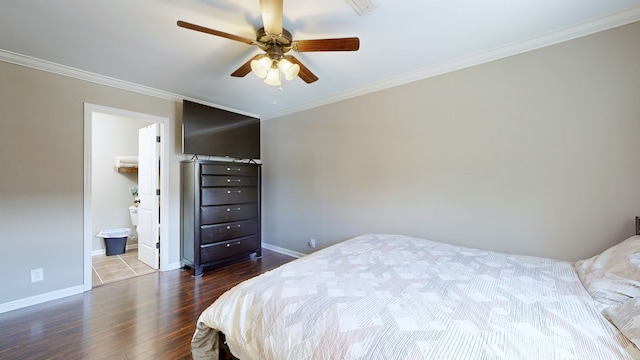 bedroom with connected bathroom, ceiling fan, hardwood / wood-style floors, and crown molding