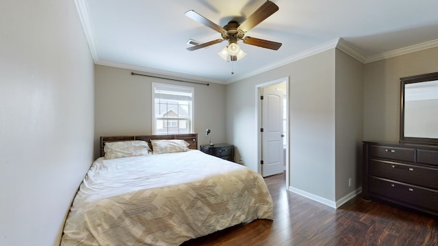 bedroom featuring crown molding, dark hardwood / wood-style floors, and ceiling fan