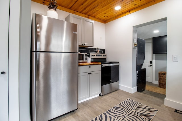 kitchen featuring light hardwood / wood-style floors, appliances with stainless steel finishes, wooden ceiling, and wooden counters